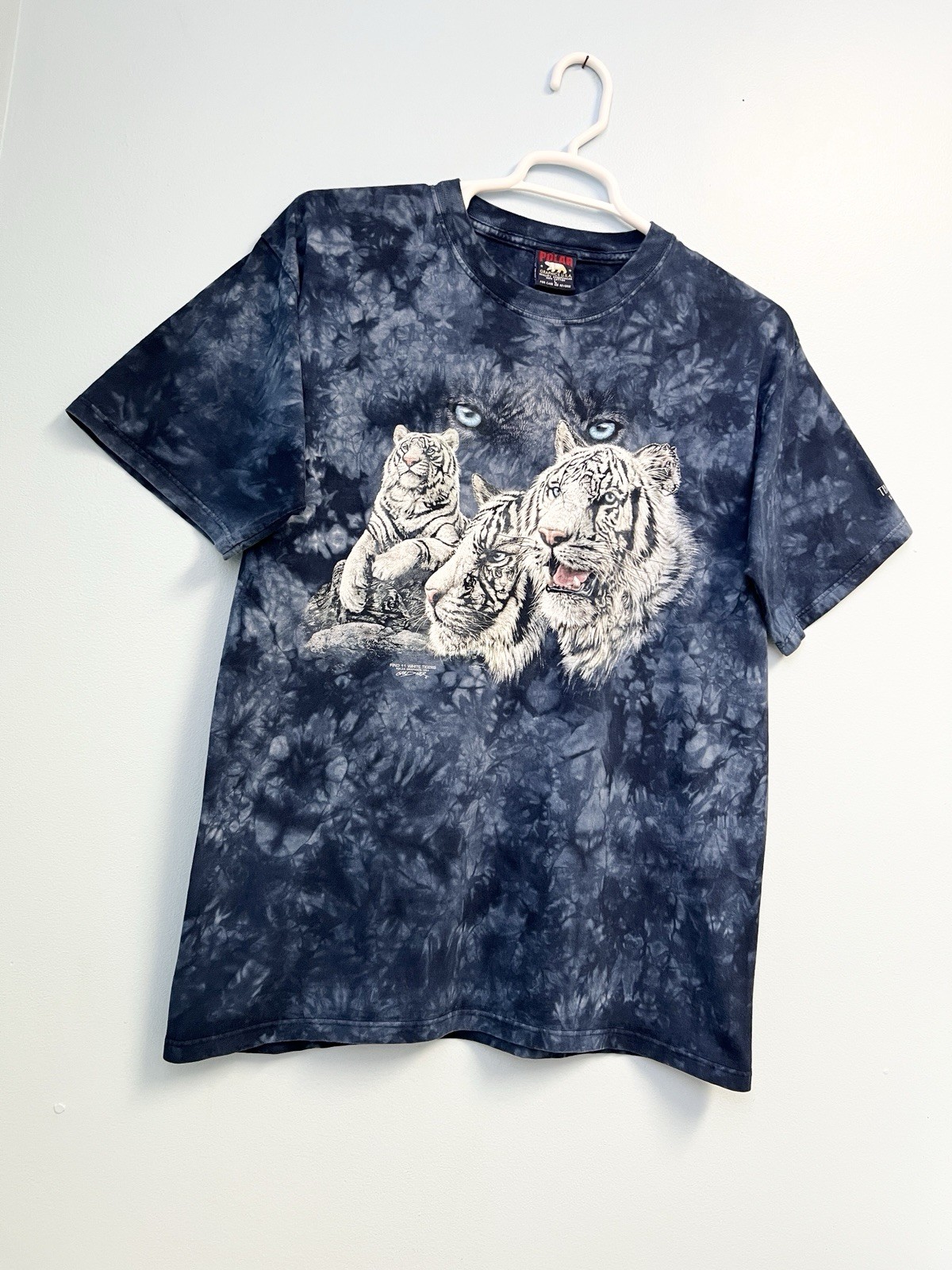 Vintage 90s White Tiger T-Shirt Polar Graphics Tie Dye Blue Size Large