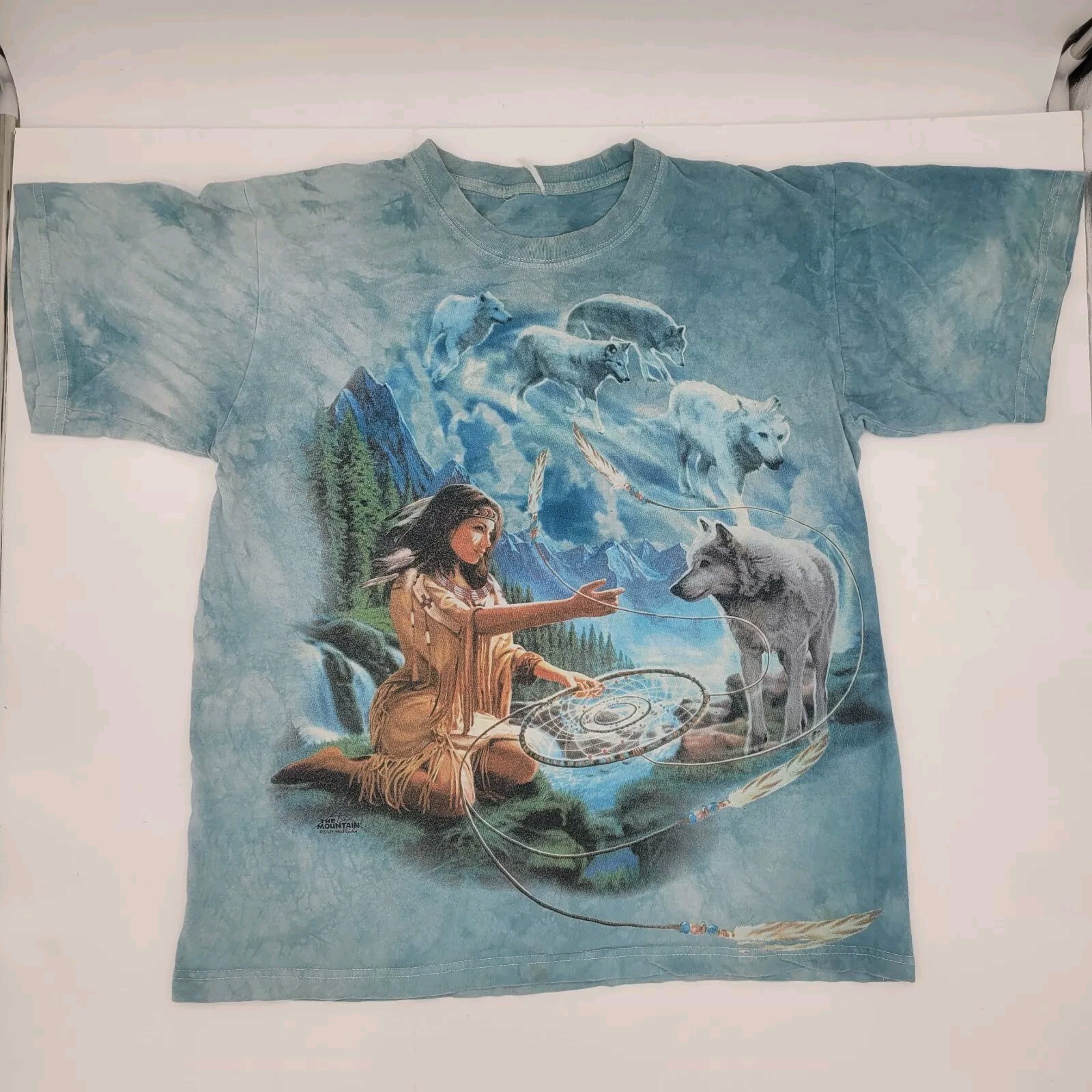 Vintage 2001 The Mountain Native American Wolf Tie Dye Shirt L Blue No Tag