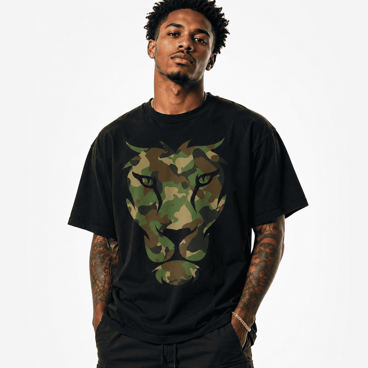 Camo Lion Head Graphic T-Shirt Military Camouflage Animal Print Tee