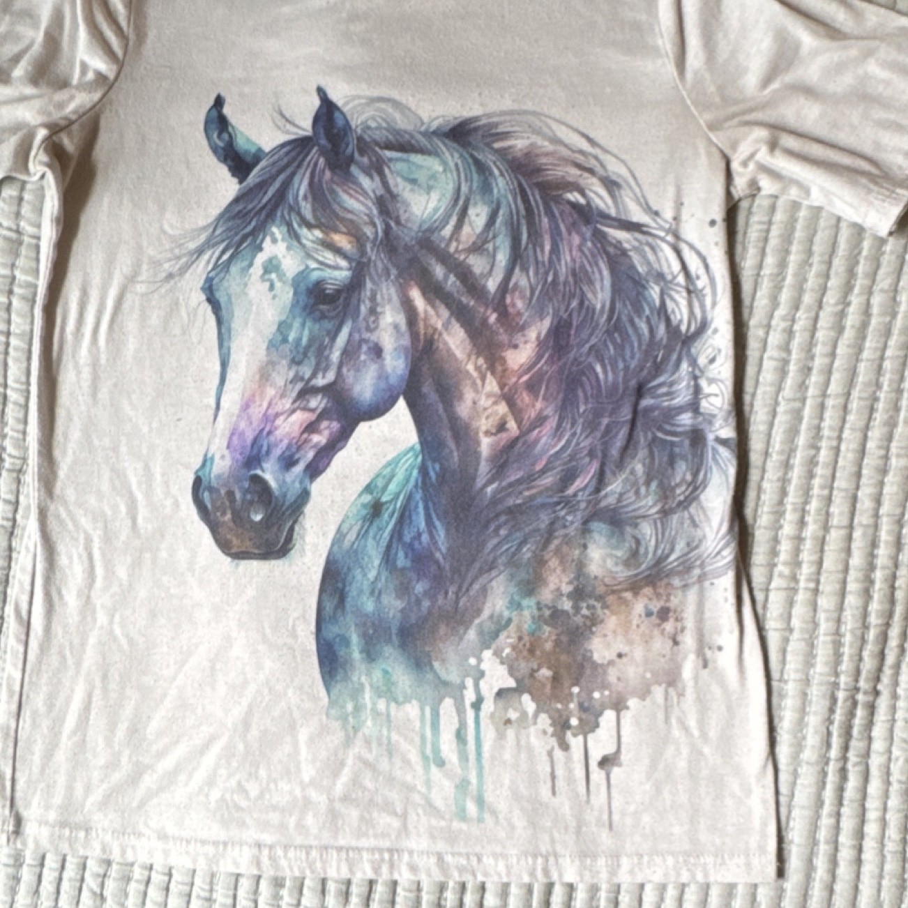 White Horse Graphic Print T-Shirt 65% Cotton Polyester Short Sleeve