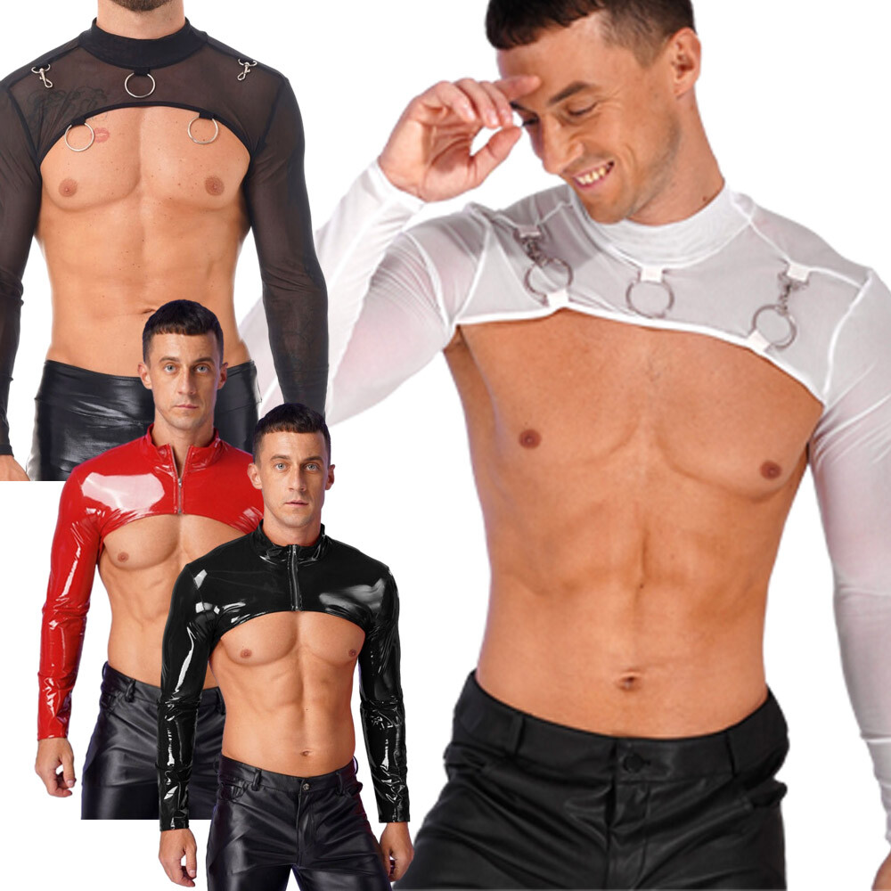 US Sexy Mens Long Sleeve T-shirt Solid Color Crop Top Vest Shirt Tight Nightclub