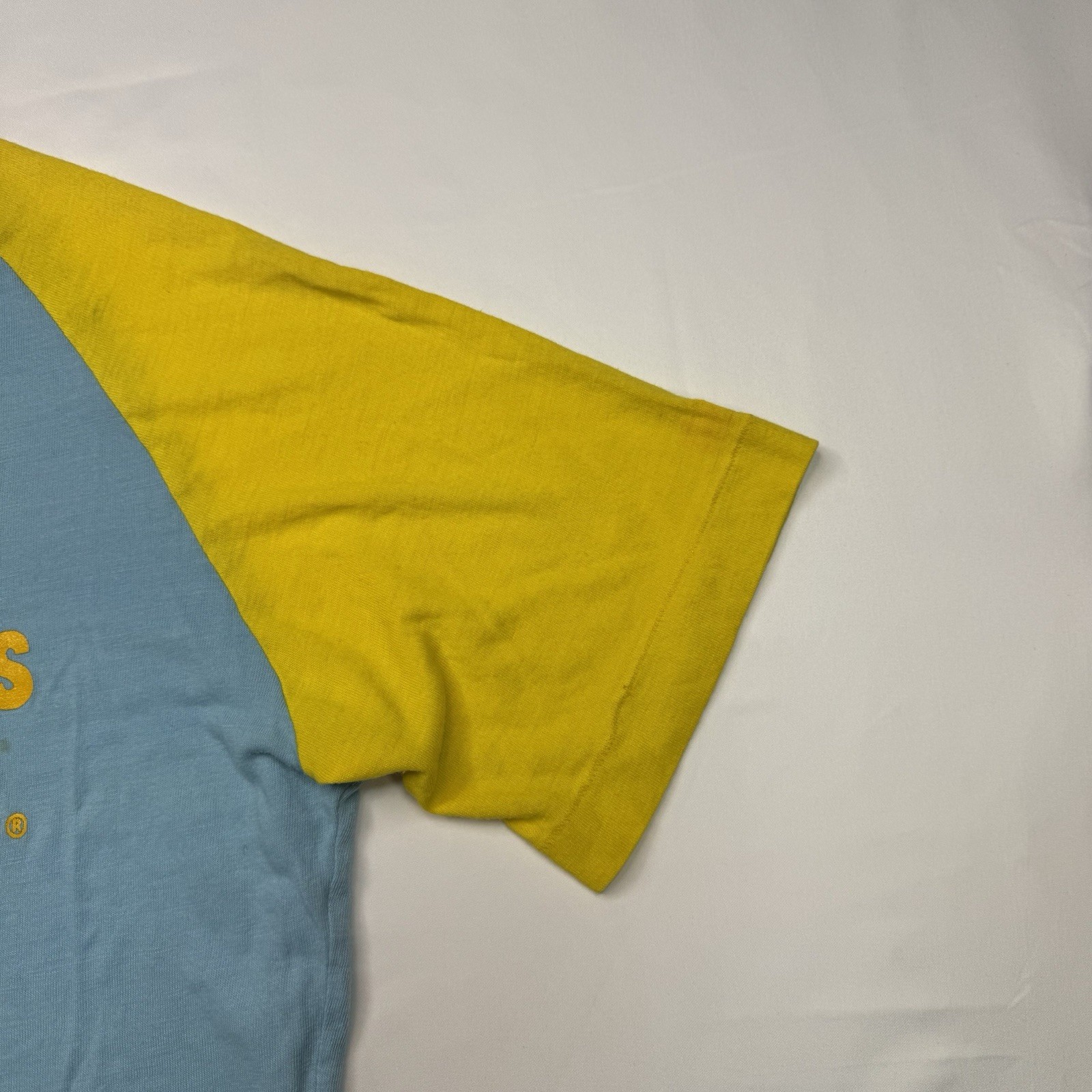 Vintage 70s Athlete’s Foot T-Shirt Medium Single Stitch Blue Yellow Stained