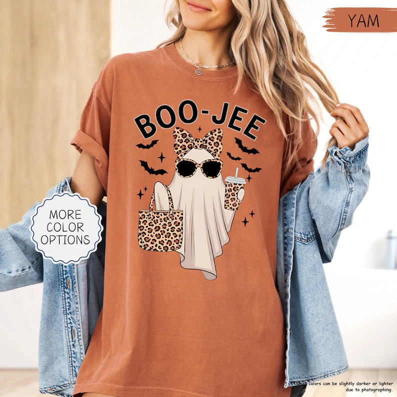 Funny Ghost Halloween Shirt Leopard Bow Coffee Graphic Tee Gildan Unisex Gift