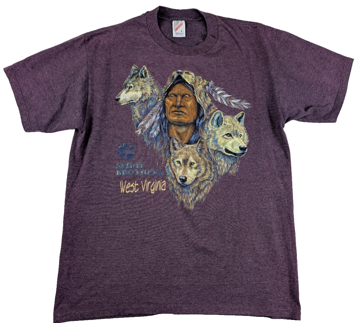 Vtg 90s Jerzees Wolf Native American Spirit Brothers West Virginia Tee USA L