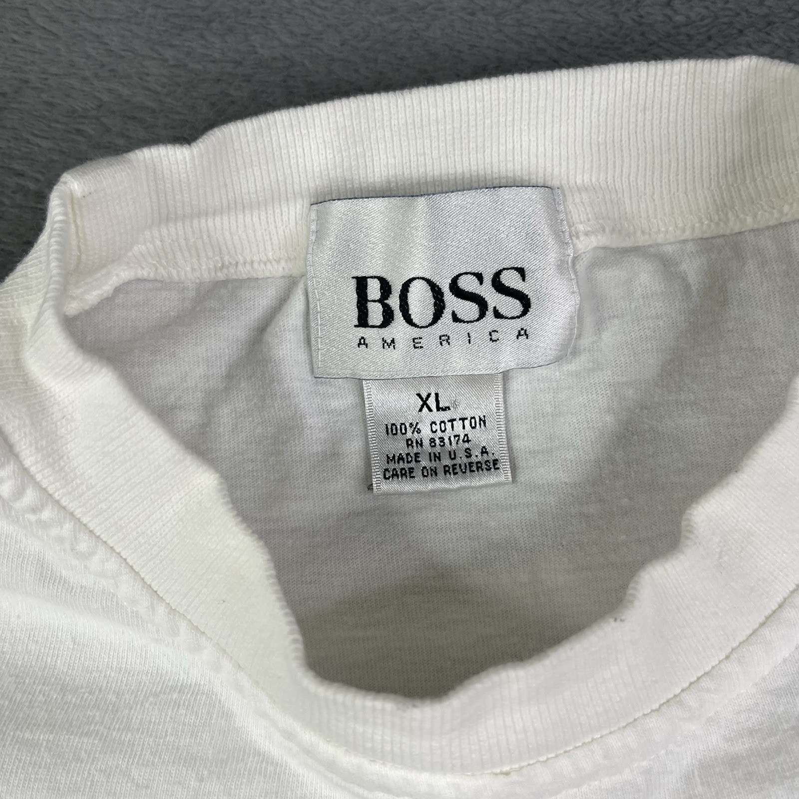 Vintage Hugo Boss T Shirt Mens XL America USA Made White Designer 90s Hip Hop