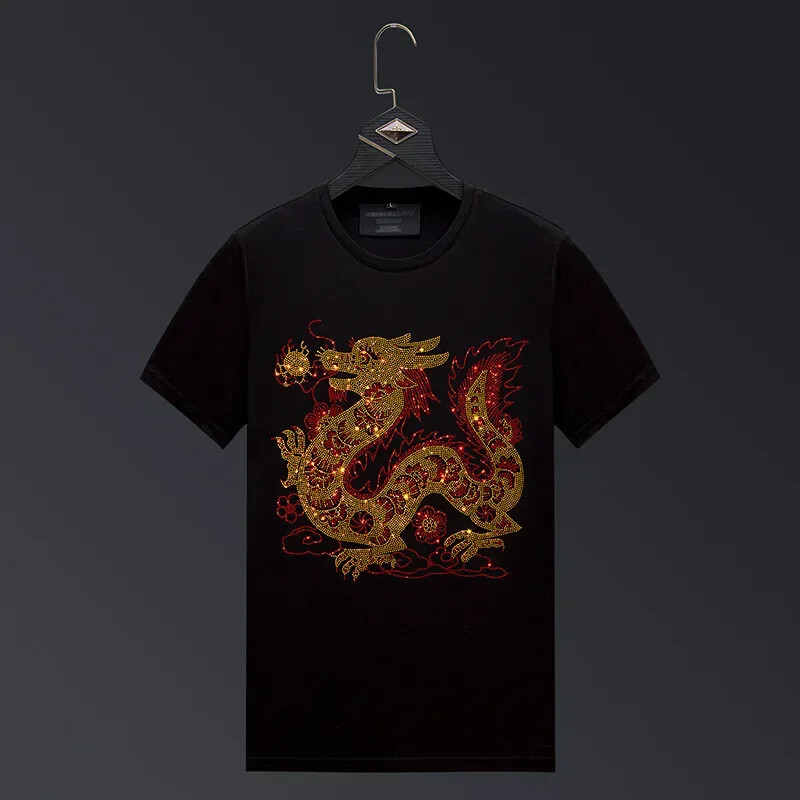 New Men Luxury Rhinestones Dragon Fashion Black White Red T-Shirt High Quality