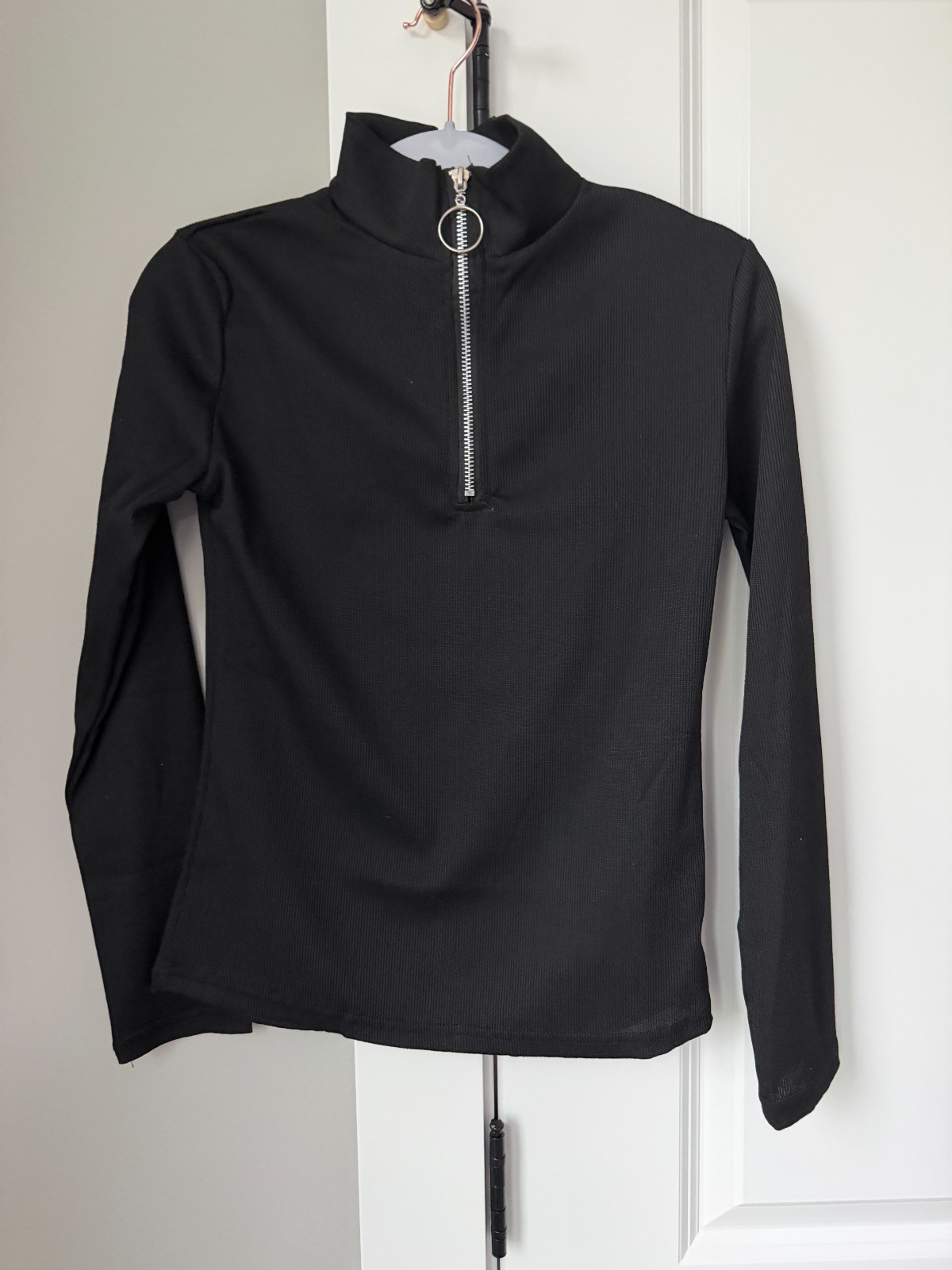 Black Mock Neck Quarter Zip Top Silver Zipper Slim Fit Long Sleeve Pullover