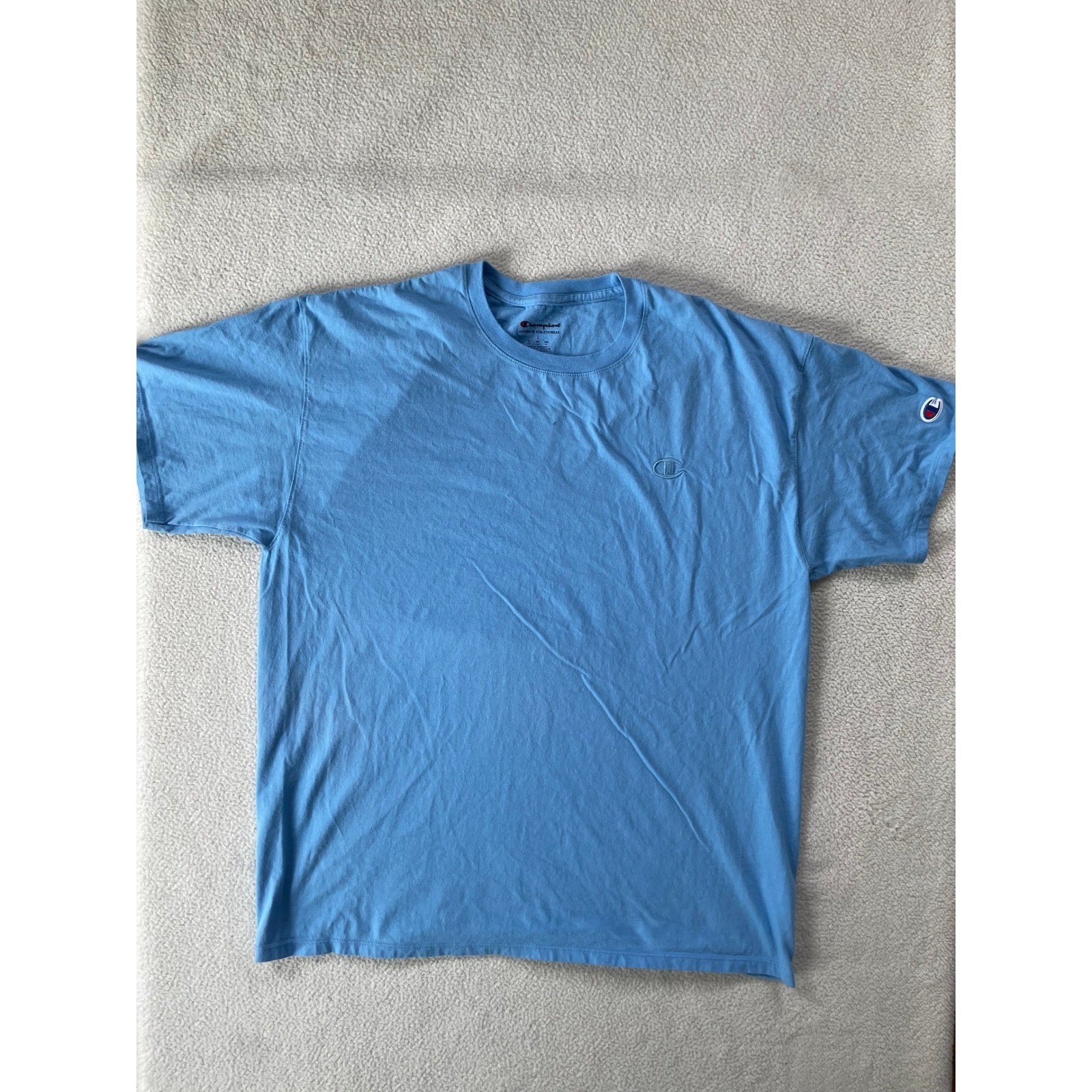 Champion Mens Large T-Shirt Light Blue Embroidered Logo Short Sleeve Tee