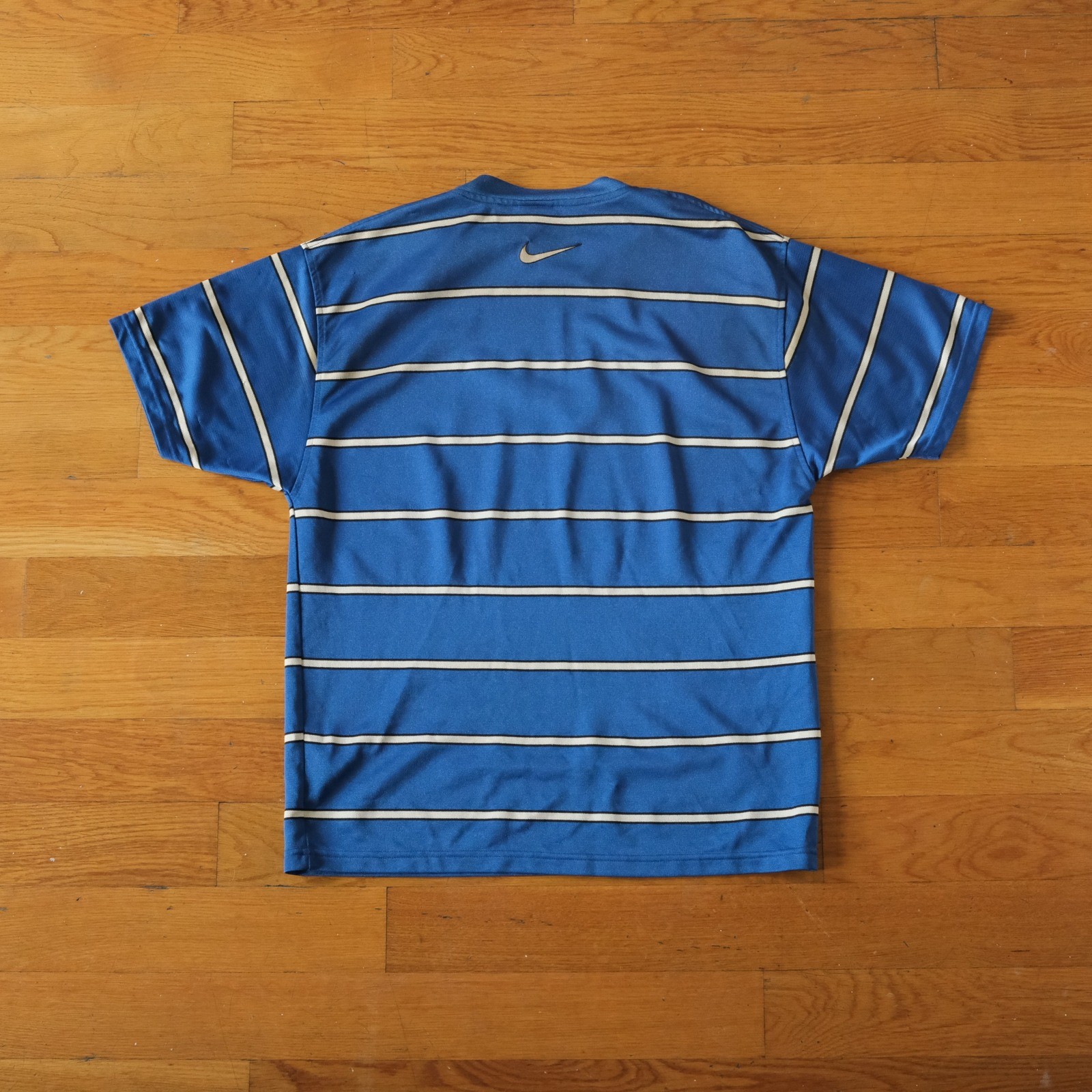 Nike 90s Striped T Shirt Blue Embroidered Center Swoosh Vintage Size M Sporty