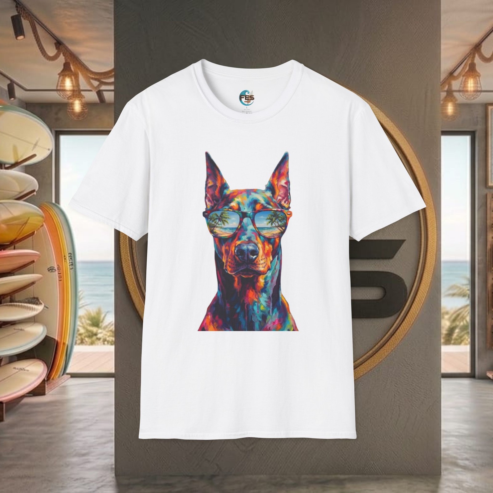 Cool Doberman Dog Sunglasses Colorful Art UNISEX SoftStyle T-Shirt 15 COLORS