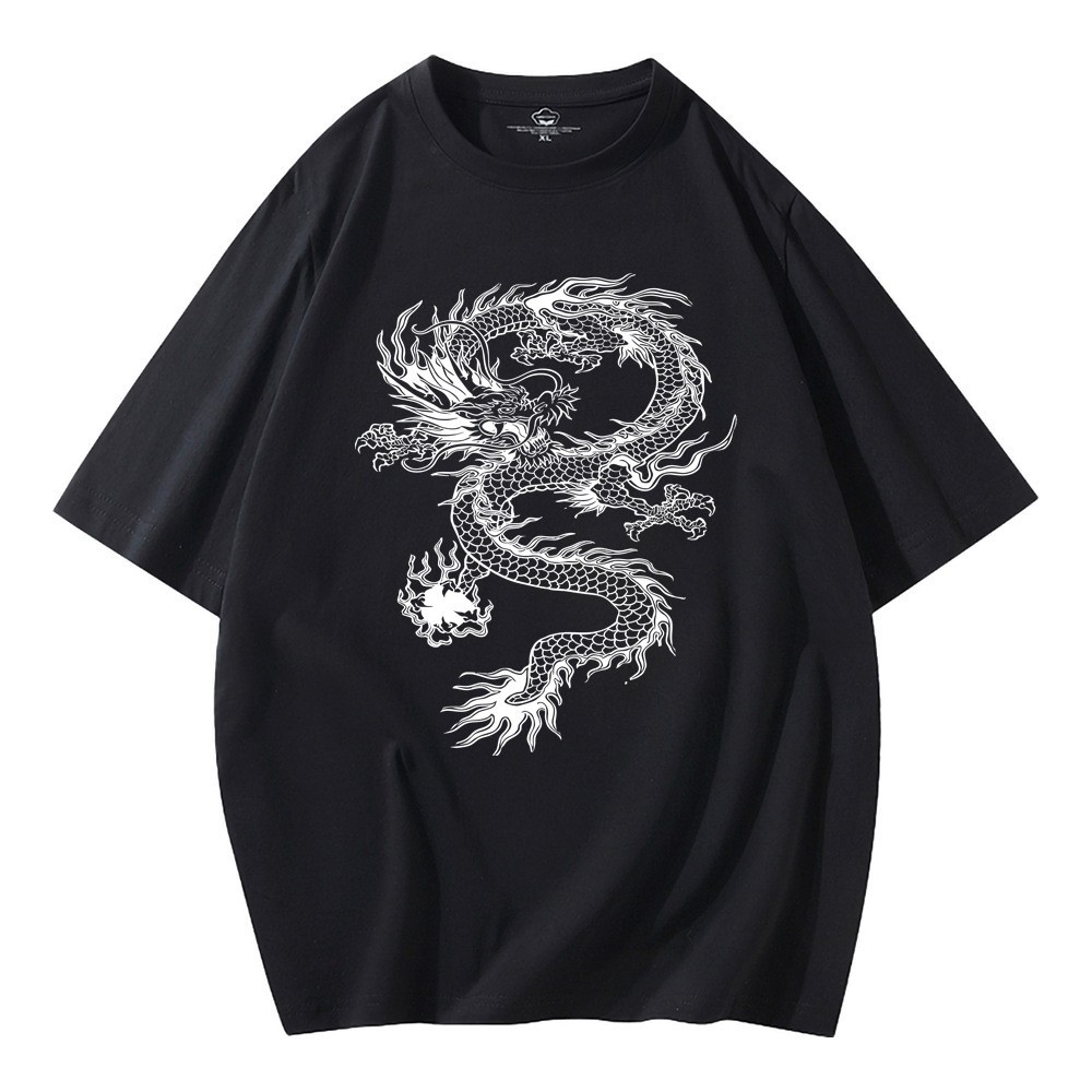 Mens T-Shirts 100%Cotton Jersey Crew Pocket Tee Plus Size 5XL Chinese Loong