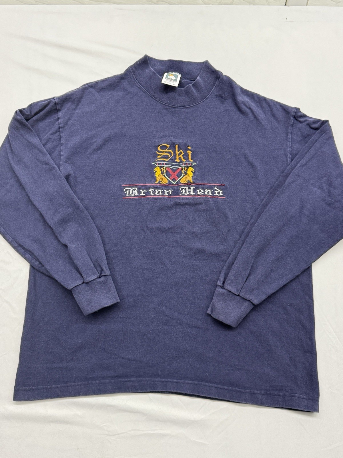 Vintage 90S ski Brian Head Utah resort Mock Neck Long Sleeve Shirt Men’s L Made