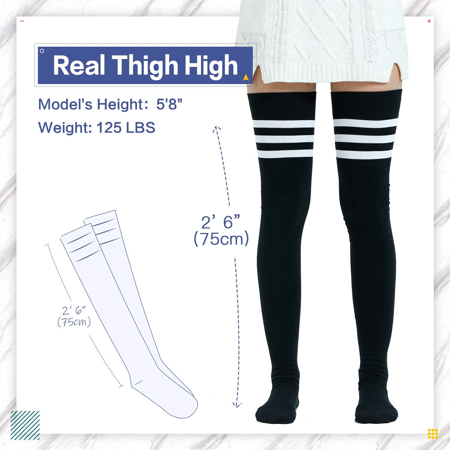 Extra Long Cotton Stripe Thigh High Socks Over the Knee High Stockings, Black…