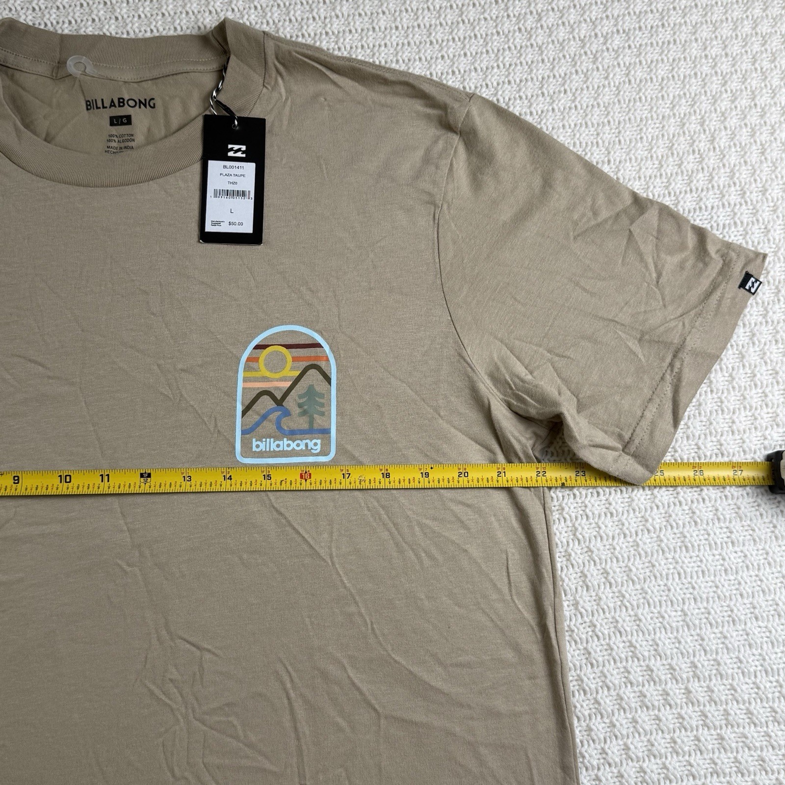 Billabong Men’s Sz L Tan Retro Stripes Graphic Surf T-Shirt 100% Cotton Casual