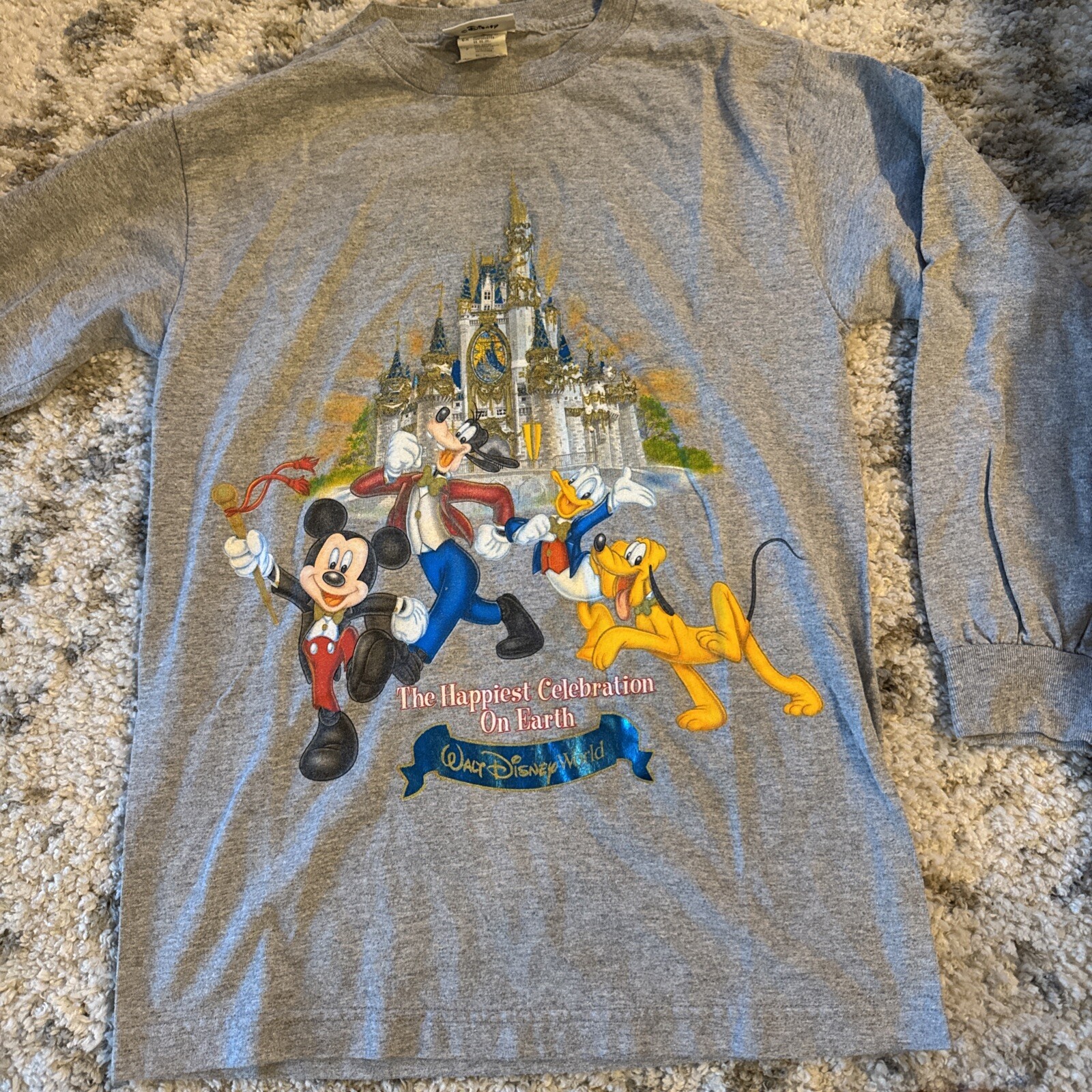 VTG Disney World Long Shirt S The Happiest Celebration On Earth Mickey Goofy