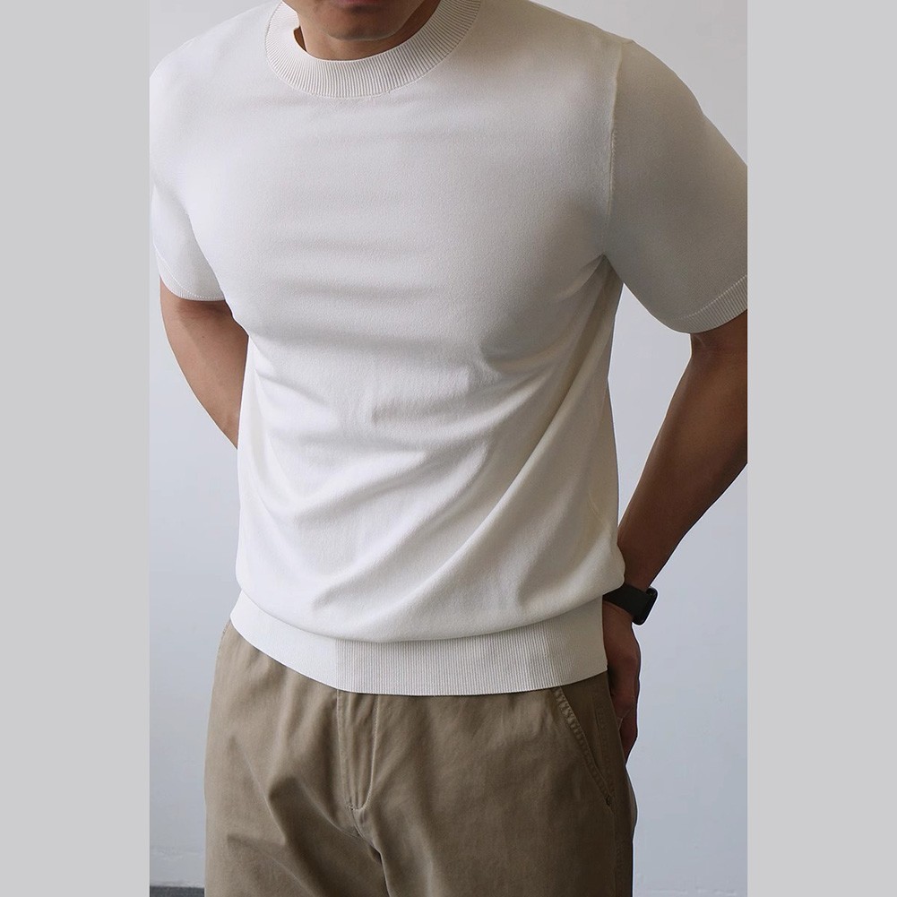 Mens Knitted Half-High Collar Short Sleeve T-Shirt Casual Slim Knit Pullover Top