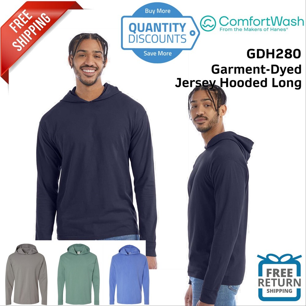ComfortWash Hanes Garment-Dyed Jersey Hooded Long Sleeve Shirt GDH280 Up To 3XL