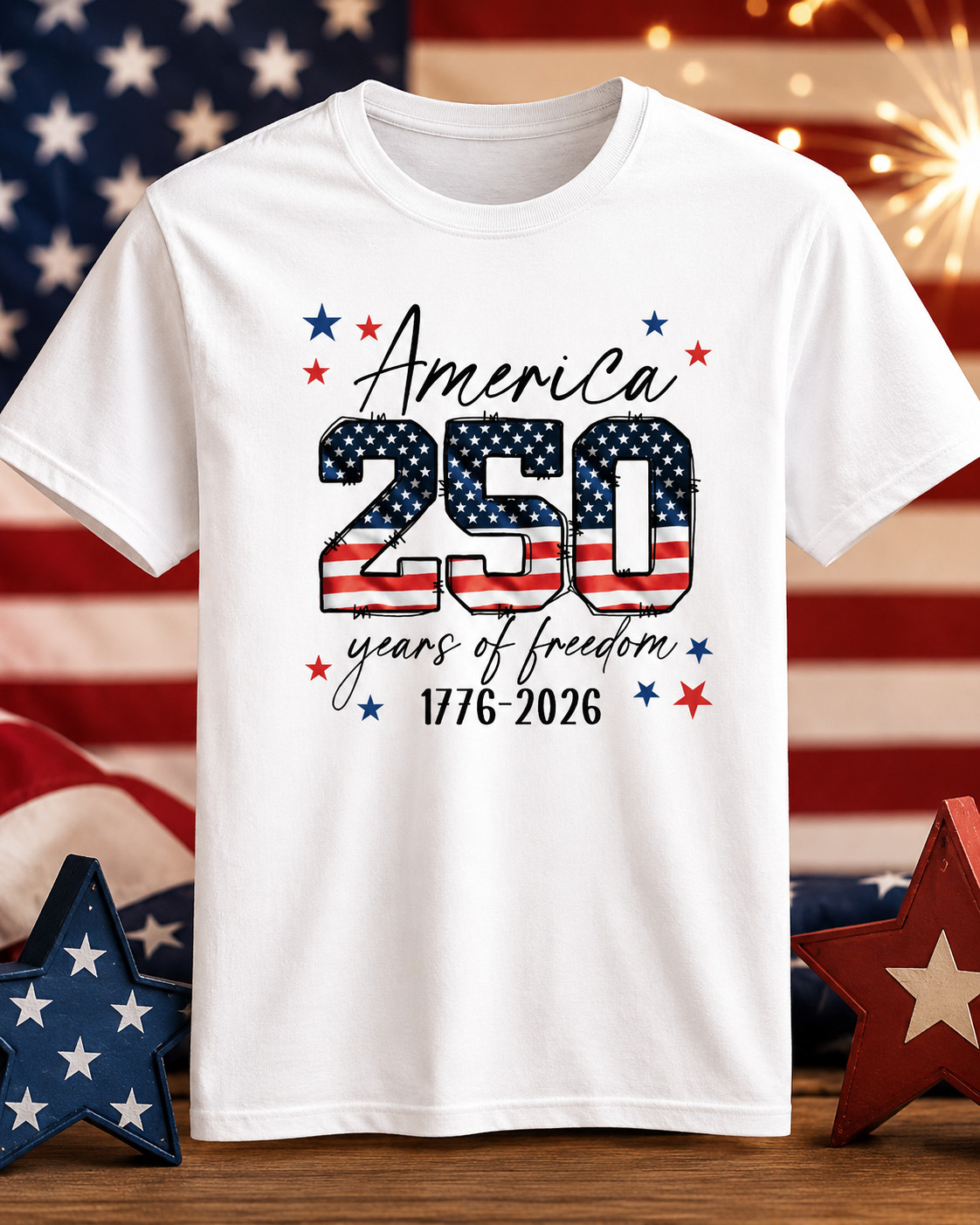 America 250 Years of Freedom 1776-2026 Patriotic Flag Graphic T-Shirt