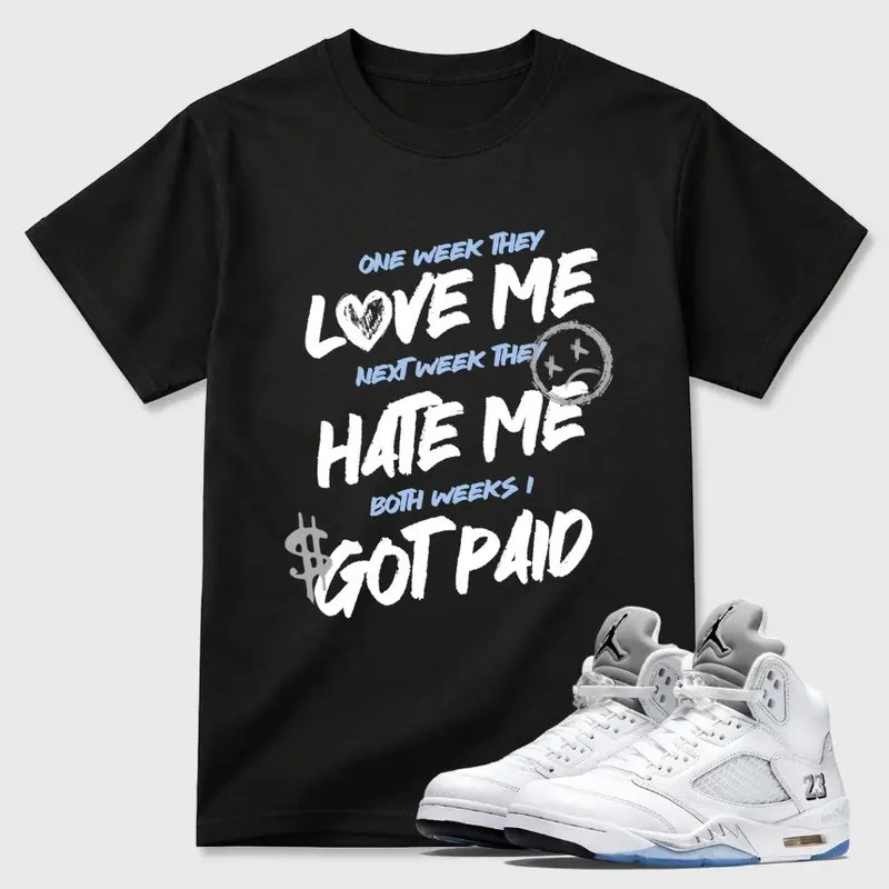 White Metallic 5 Sneaker Match Shirt, White Grey Streetwear Tee, Design Printed