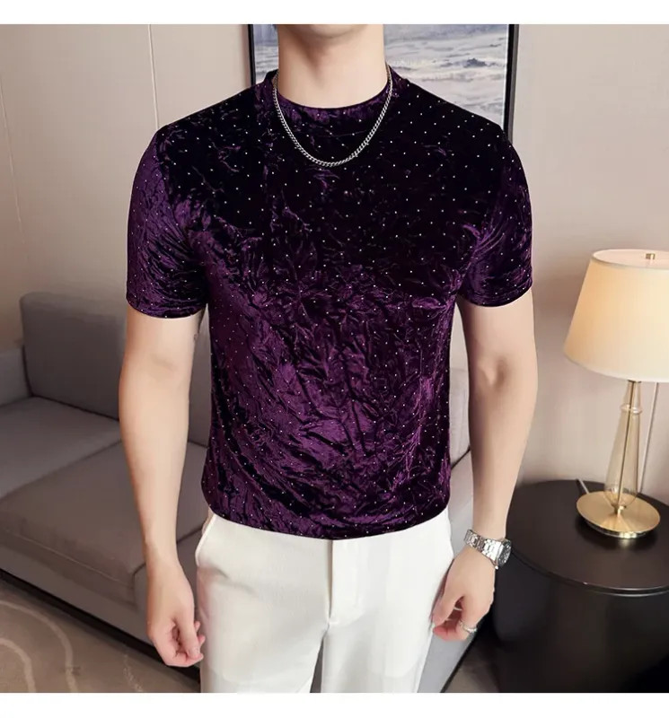 Summer Velvet Pleated Hot Stamping T-shirt for Men’s Fashion Versatile Slim Fit