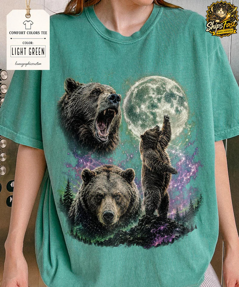 Bear Howling Moon Wildlife Animal Nature Graphic Soft Cotton Comfort Tee Gift