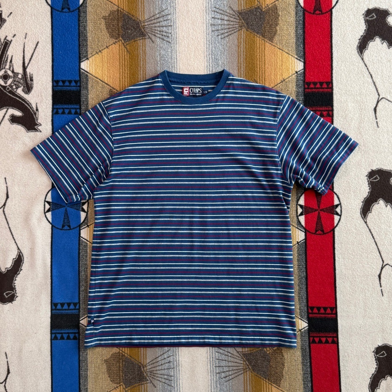 Vintage Chaps Ralph Lauren Striped T-Shirt Mens Large Blue Red Cotton Tee