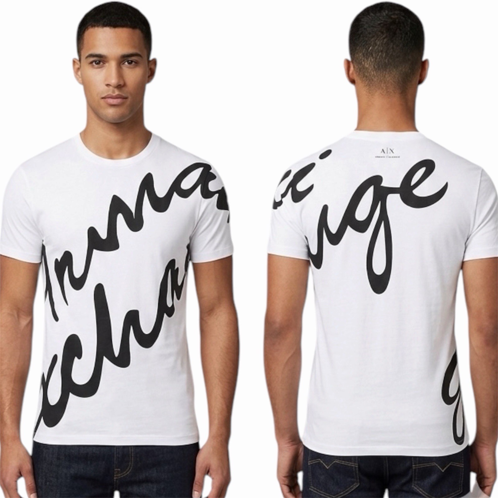 $50 ARMANI EXCHANGE White Black SCRIPT Short Sleeve Slim Fit Designer T-shirt