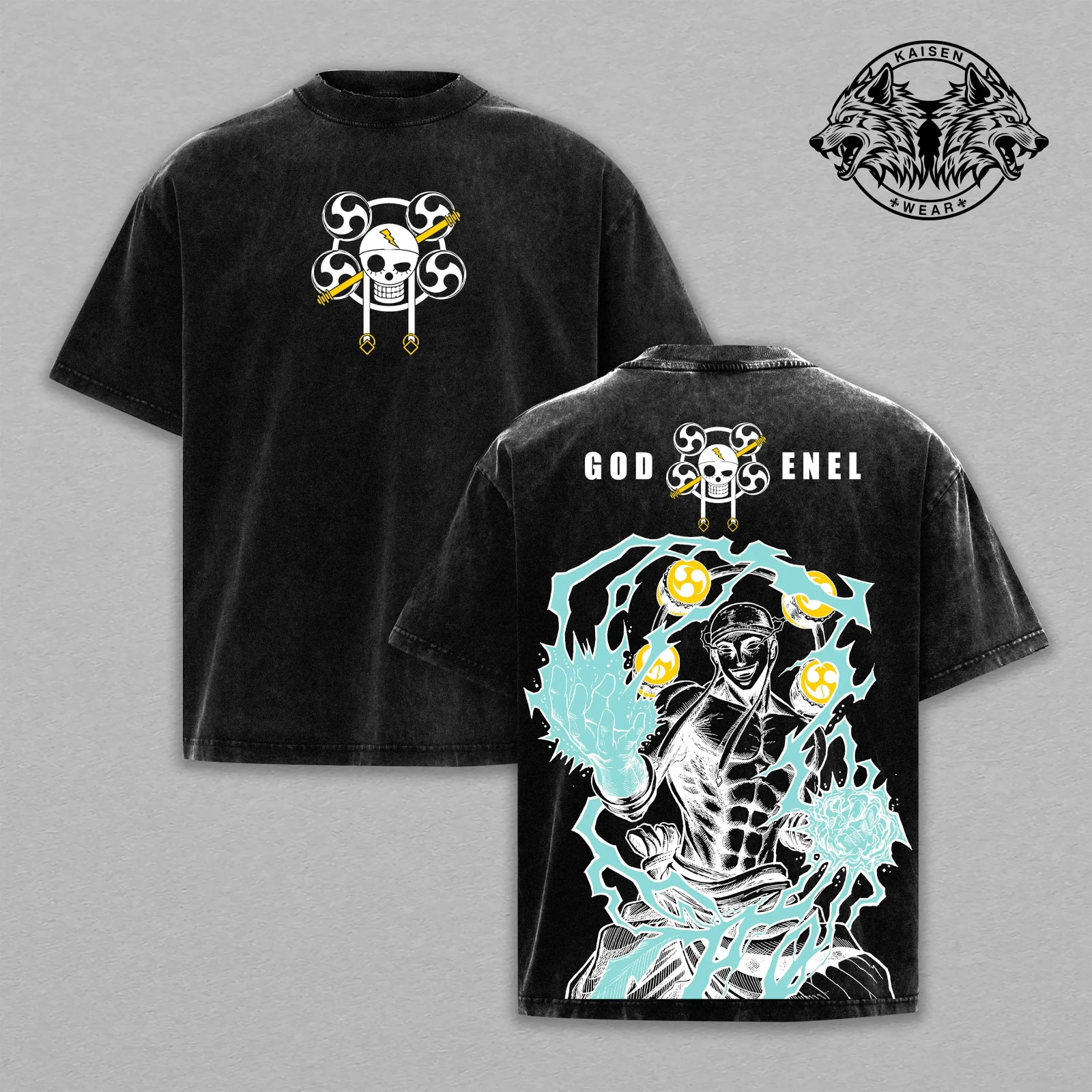 God Enel OP Lightning Graphic Apparel: Vintage Washed Oversized T-Shirt