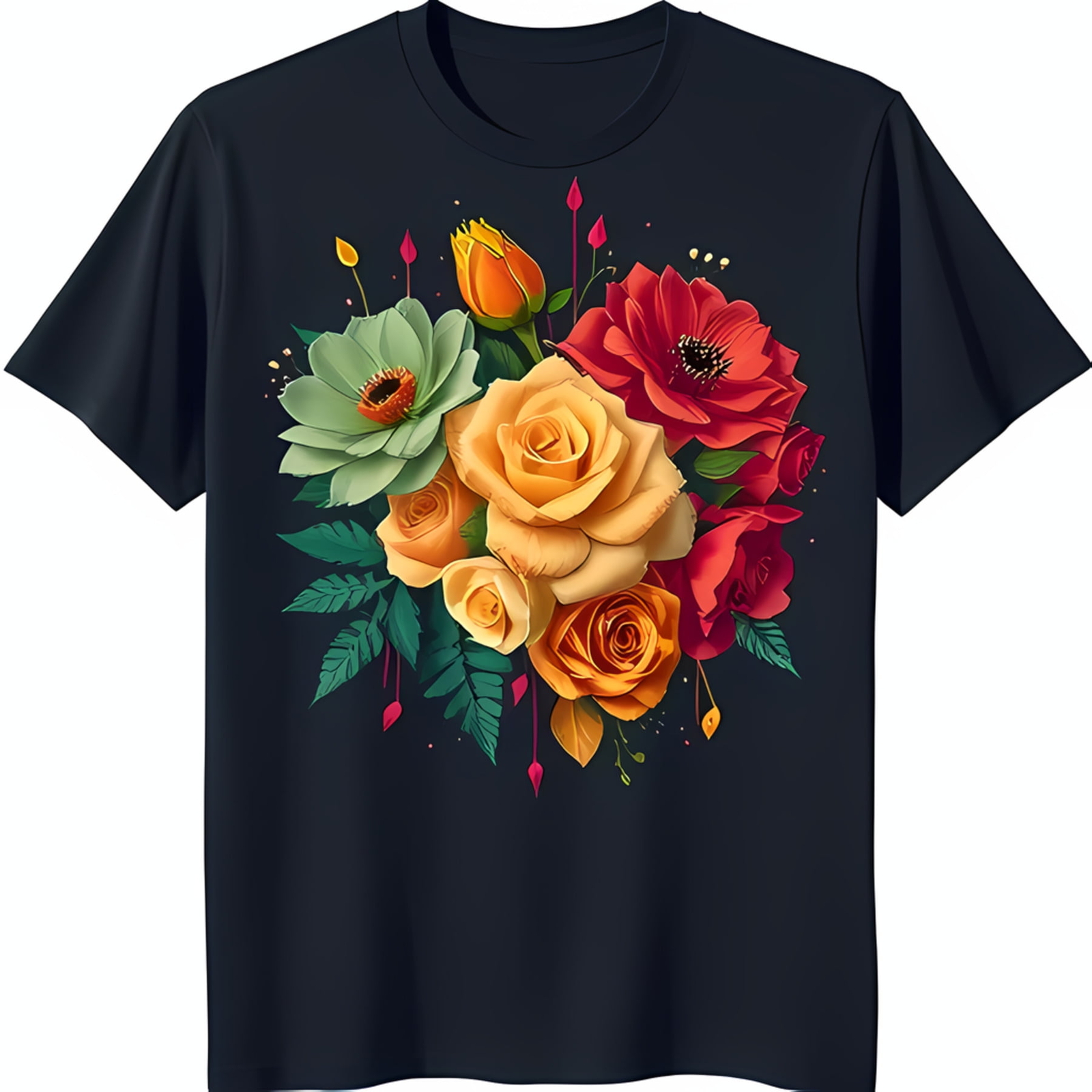 Vibrant Floral Design Black T-Shirt Print for Nature Lover