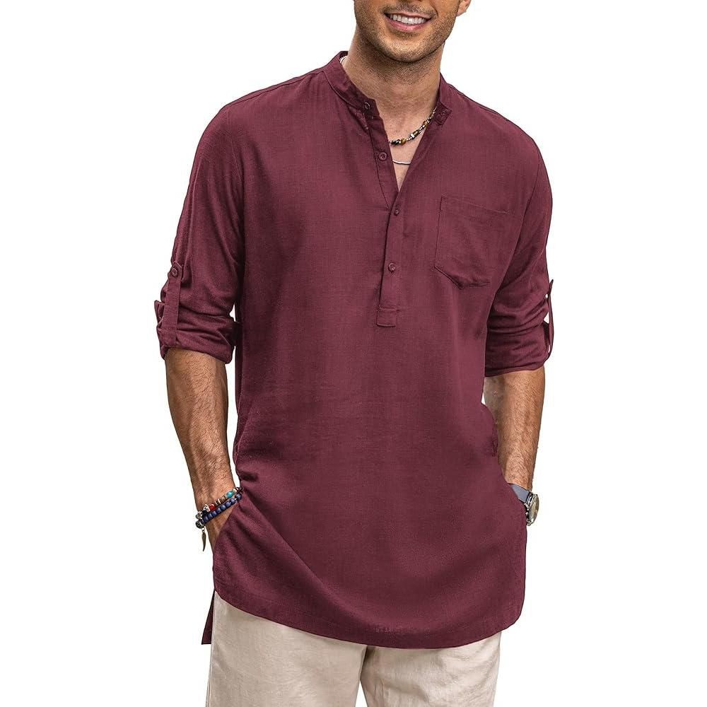 COOFANDY Men Linen Henley Shirts Long Sleeve Collarless T-Shirts Longline