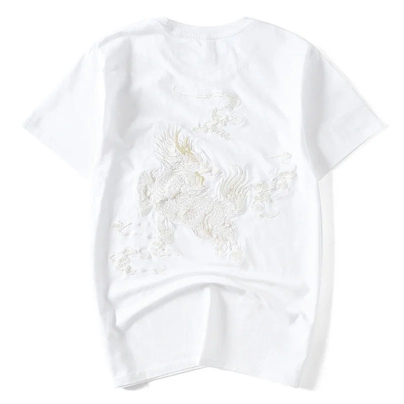 Men Embroidered Mythical Beast T-Shirt Sukajan Cotton Short Sleeve Hip Hop Tee