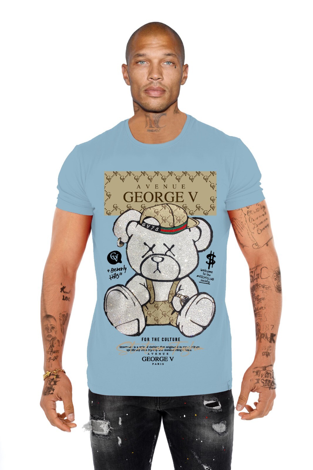 Avenue George V Paris Men’s Short Sleeves T-shirt Sky Blue Rhinestone Teddy bear
