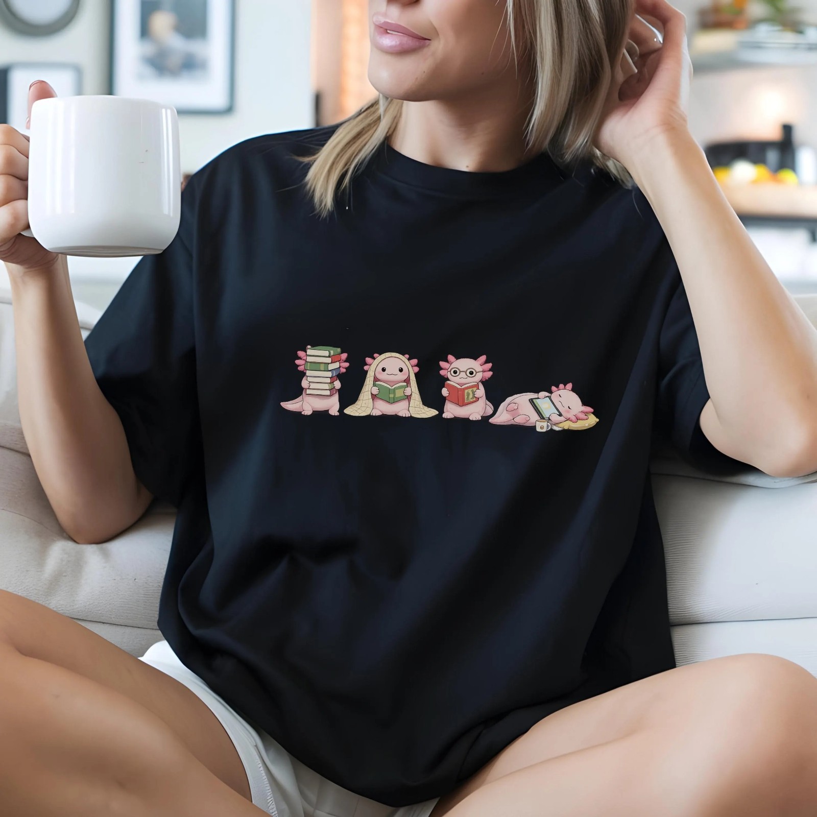 Axolotl Reading Shirt, Cute Book Lover Tee, Reading Animal Unisex T-Shirt