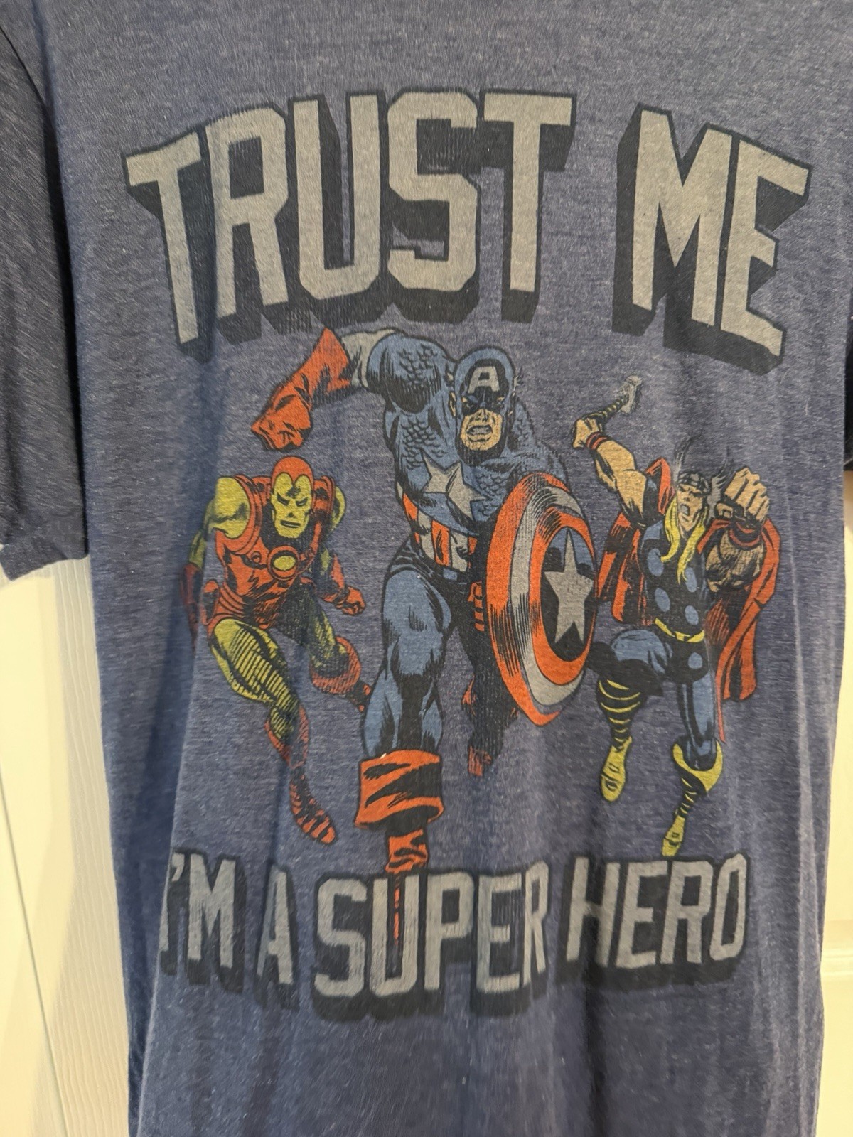 Marvel Comics “Trust Me I’m a Super Hero” Blue Graphic Tee Medium