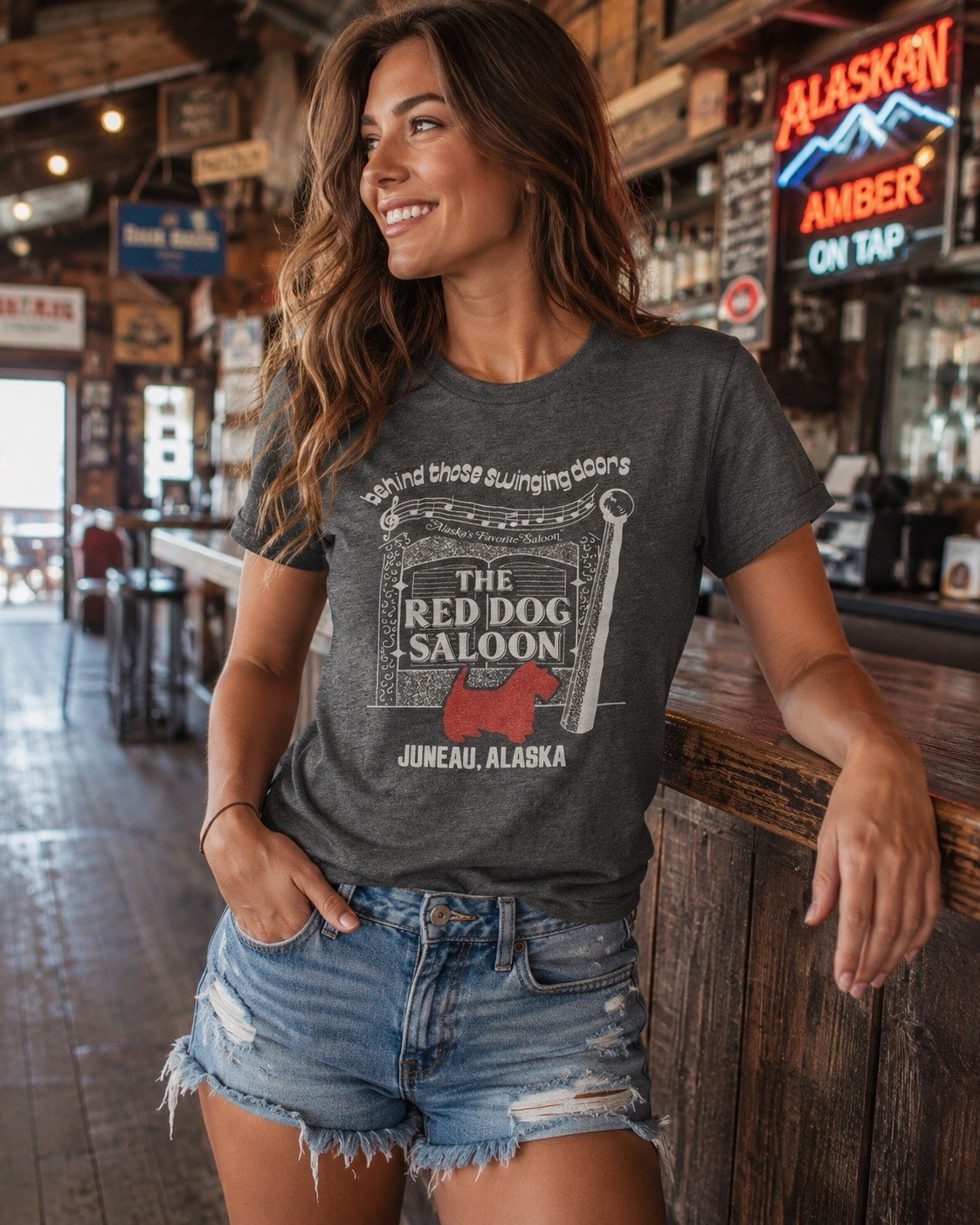 Red Dog Saloon Juneau Alaska Graphic Tee Gray Tourist Souvenir Womens