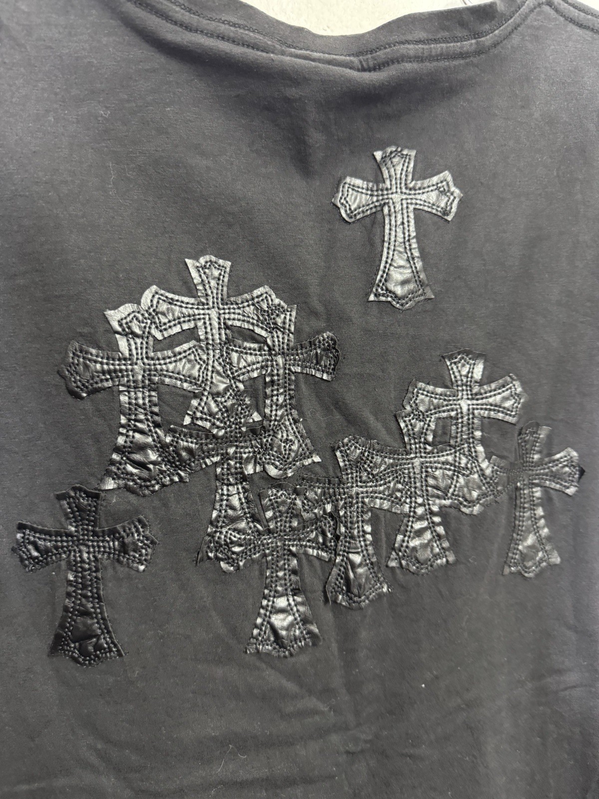 Chrome Hearts Multi Cross Patch Leather T-Shirt XXL Faded Black USA Rare