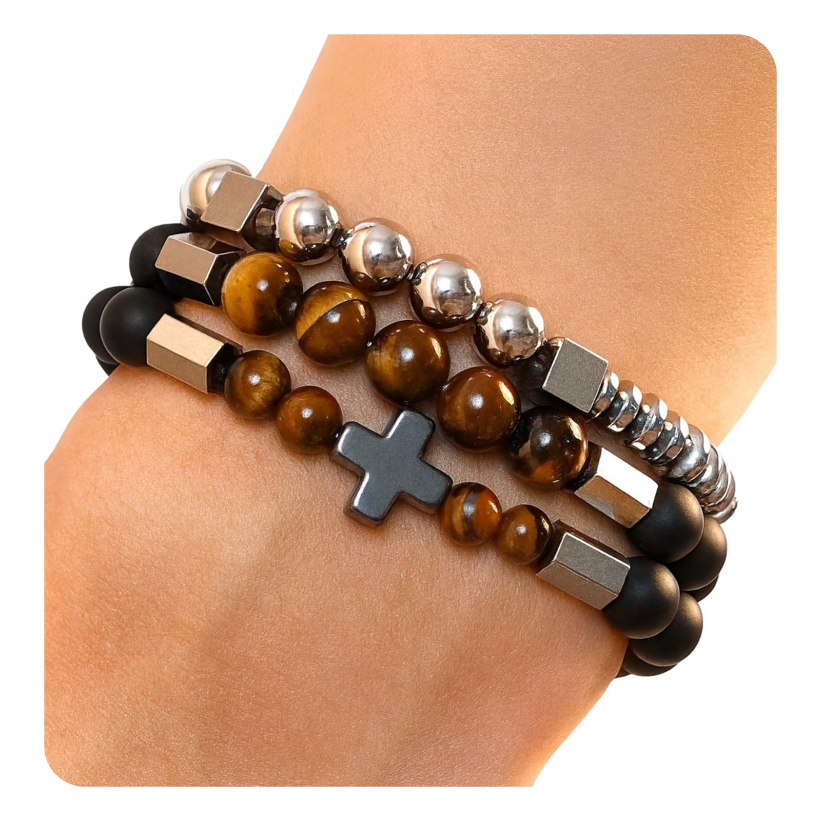 3 PCS Triple Protection Bracelet Set for Men Tiger Eye, Hematite, Onyx Beaded…