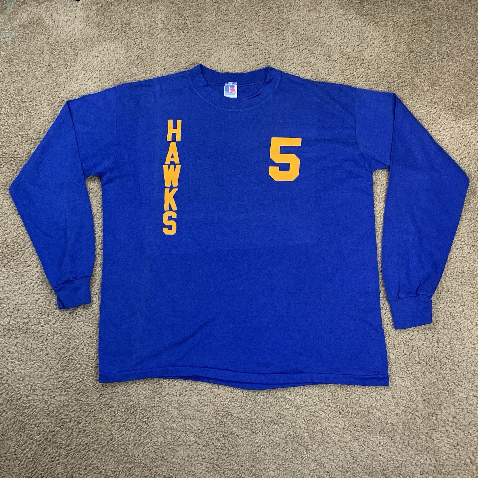 Vintage 80s Russell Mens Large Blue Long Sleeve T Shirt Preppy Sports School