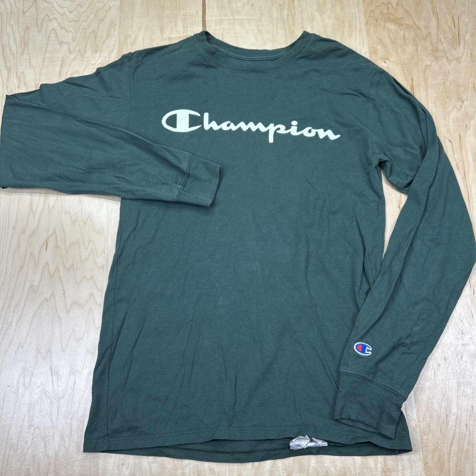 Champion Long Sleeve T Shirt Mens Small Green Script Logo Crewneck Casual Tee
