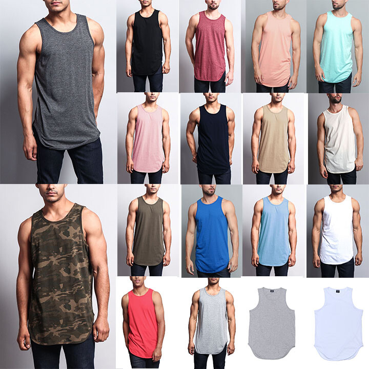 Victorious Men’s Basic Long Length Curved Hem Tank Top Sleeveless T-SHIRTS -TT47
