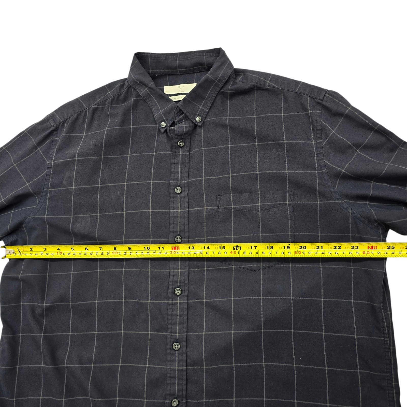 CELIO Men 2XL Navy Plaid Cotton Long Sleeve Button-Up Shirt Pocket