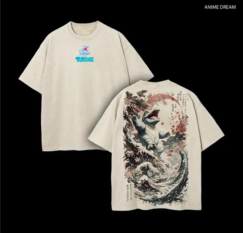 Totodile PKM Anime Double Printed Vintage Tee Unisex Manga Cotton T-Shirt