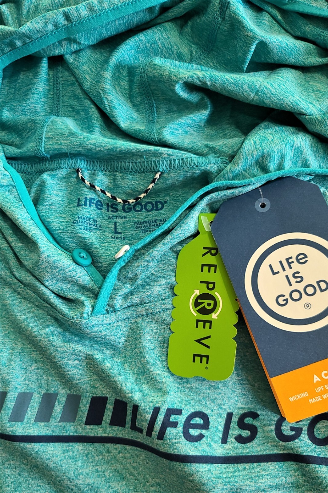 Life Is Good LS Active Hooded Tee RACING STRIPES Moister Wicking UPF Men L 47in