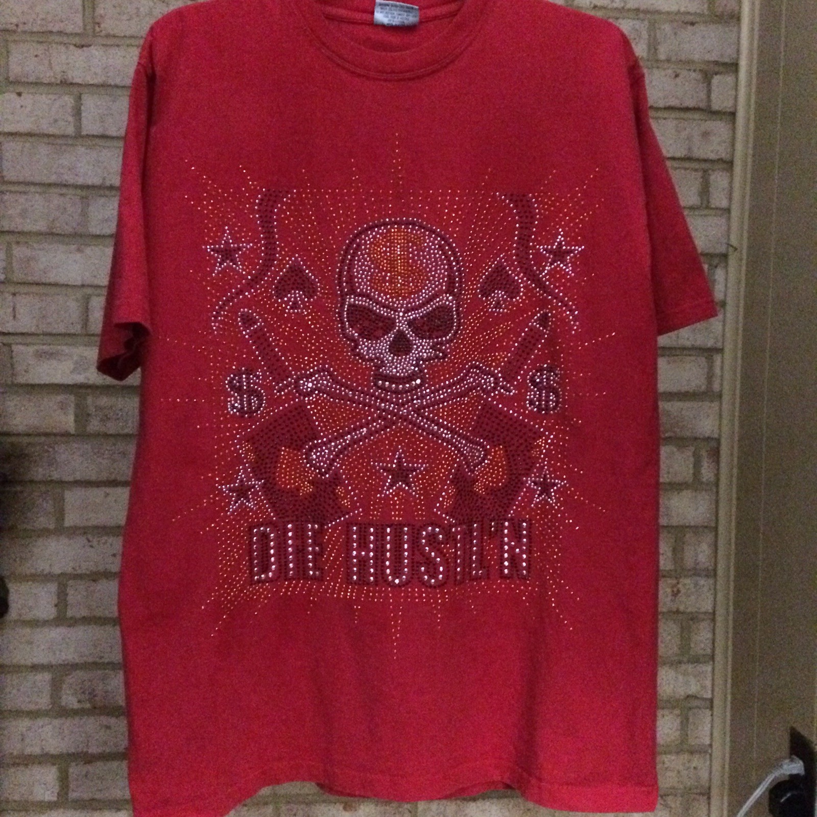 RUSSO WEAR Men’s 2XL DIE HUSTL’N Red T-Shirt Embellished Tee Skull Dollar Sign