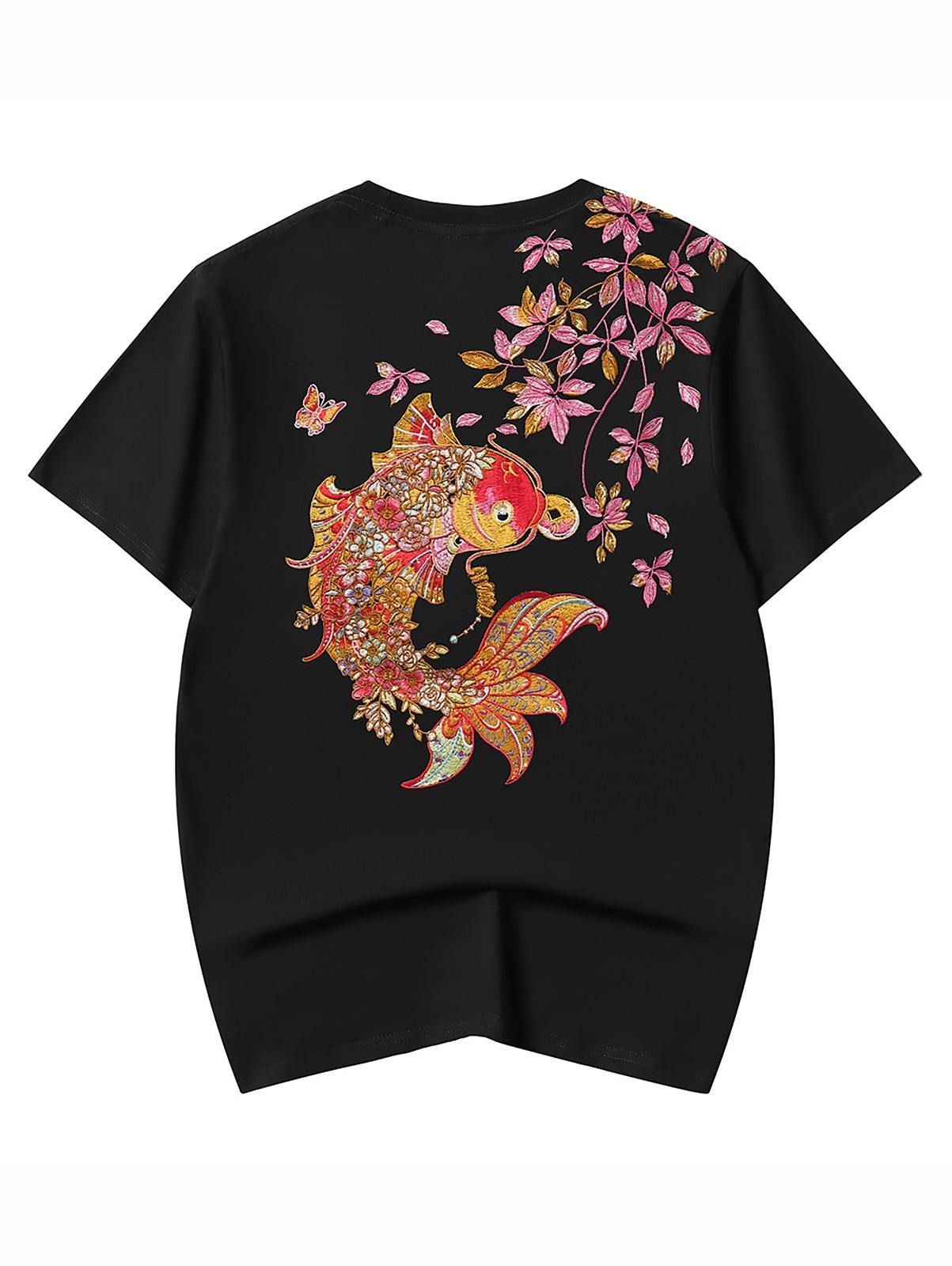 Niepce Men’s Floral Koi Fish Embroidery Tee Japanese Streetwear T-Shirt