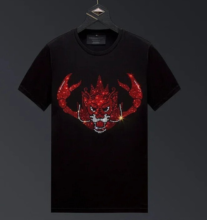 New Men Luxury Scorpion Rhinestones Fashion Black T-Shirt High Quality