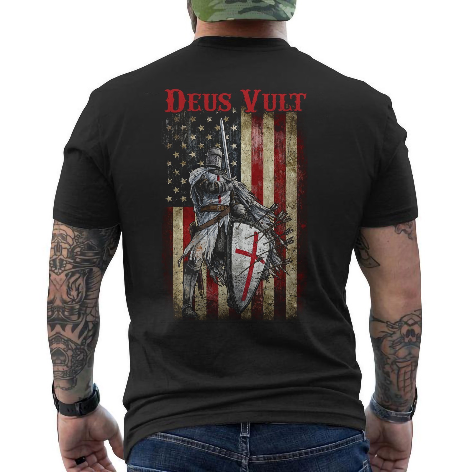Deus Vult Knights Templar Crusader Flag US Warrior of God ON BACK T-Shirt