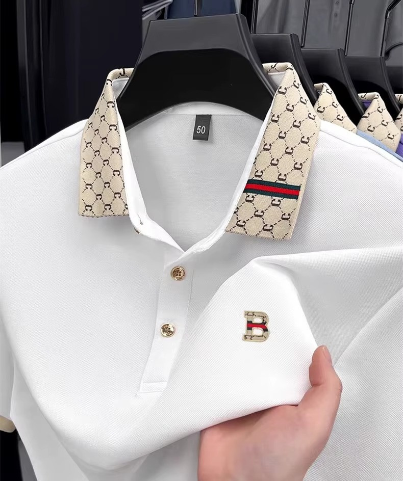 Mens Jacquard Polo Shirt Short Sleeve Lapel T-Shirt Silky Breathable Fashion Top