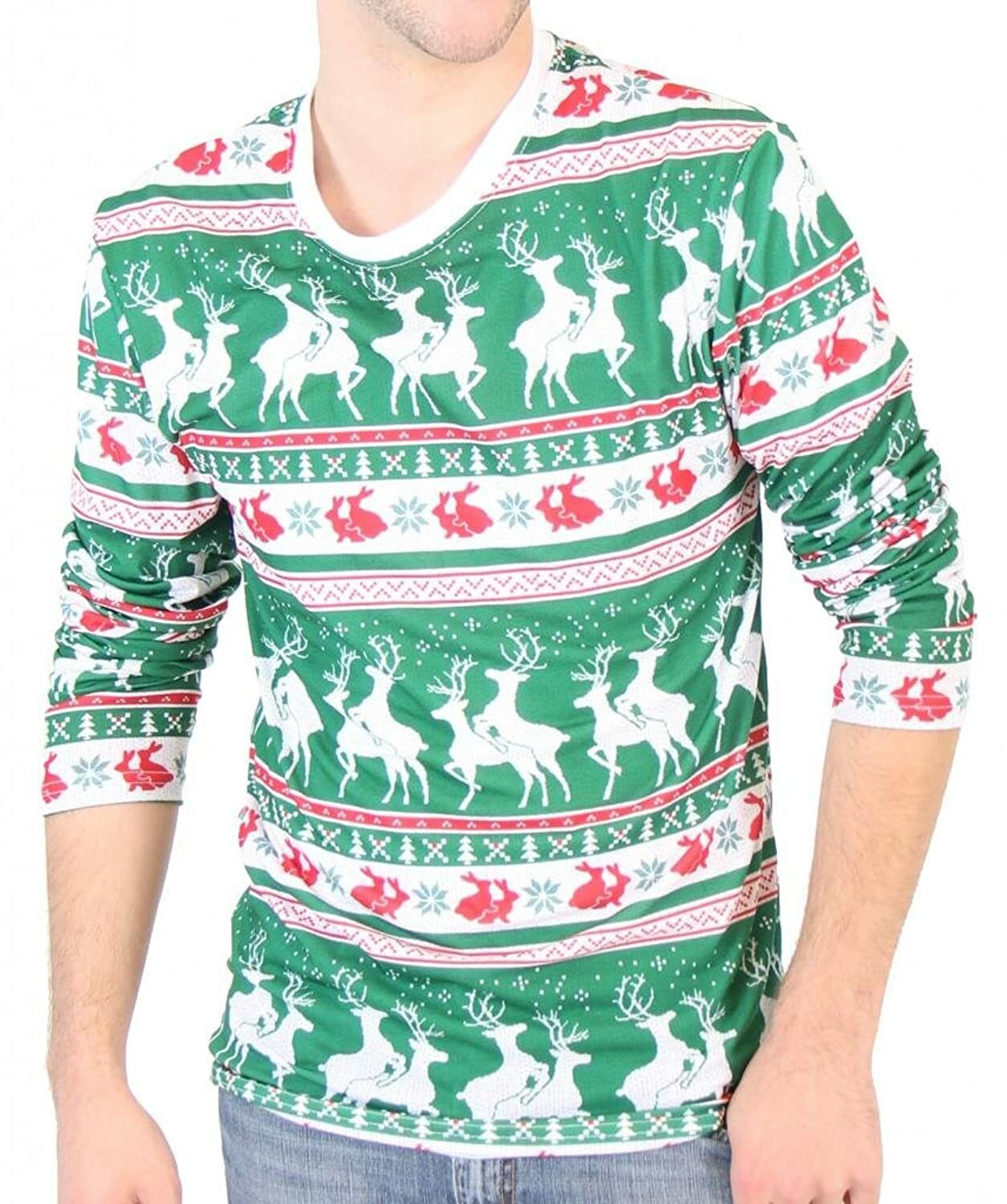Adult Holiday Reindeers & Rabbits Pattern Long Sleeve Ugly Christmas T-Shirt Tee
