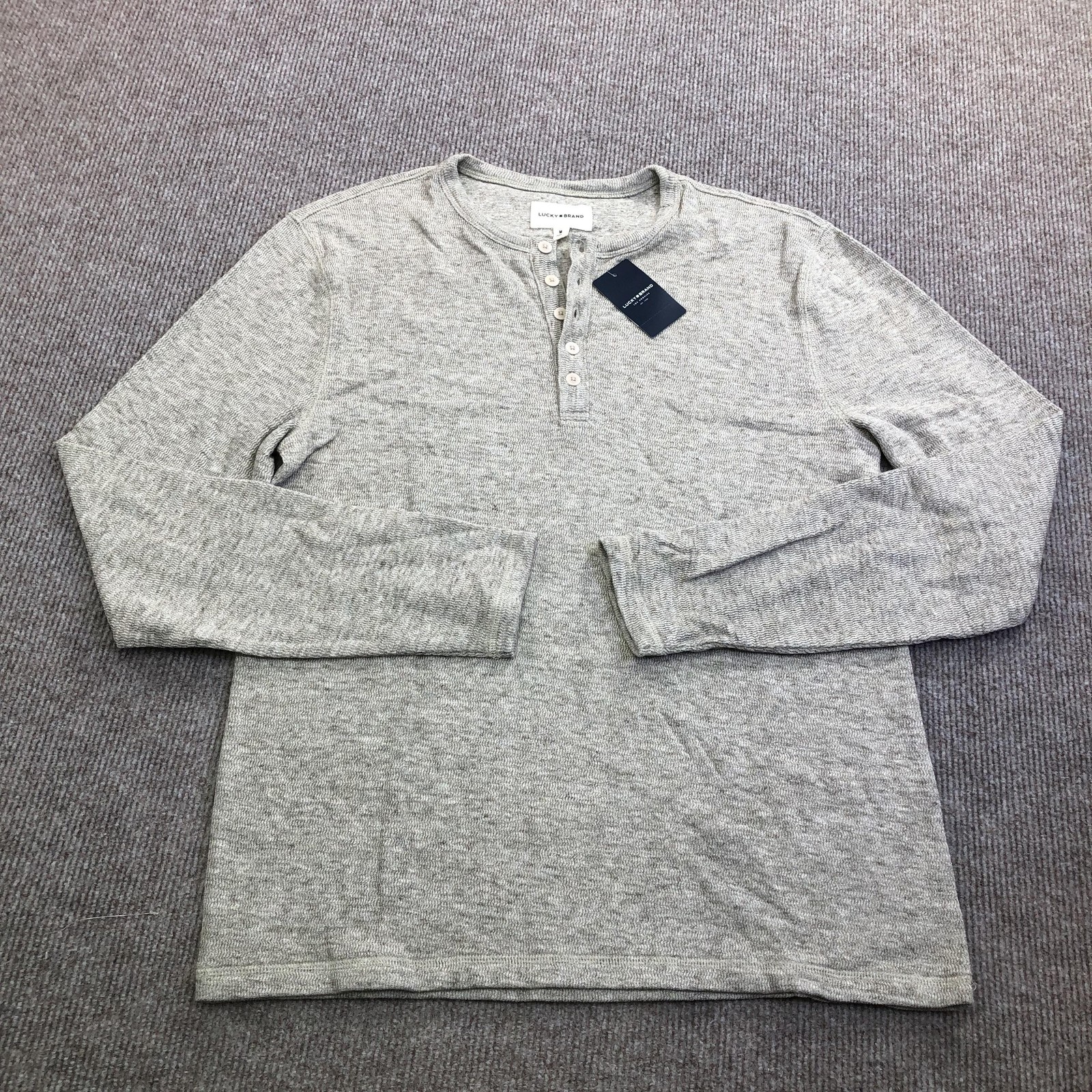 Lucky Brand Shirt Mens Medium Beige Jacquard Henley Long Sleeve Knit Tee Sample